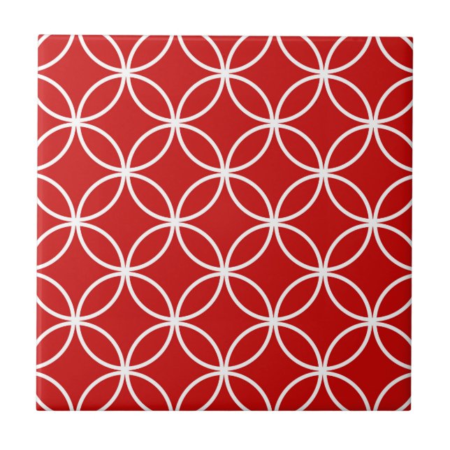 Overlapping Circles Geometric Pattern Red White Tile (Front)