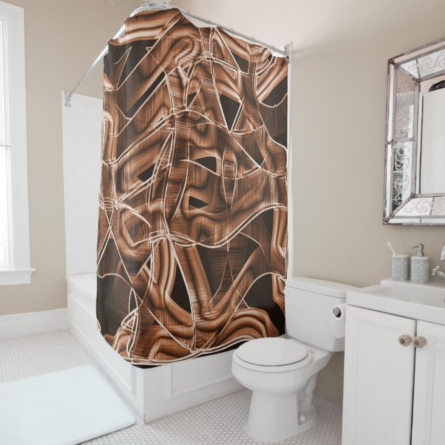 Overlapping curves in ribbon shapes, brown relief shower curtain (In Situ)