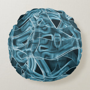 Overlapping curves in tape shape, blue neon relief round cushion