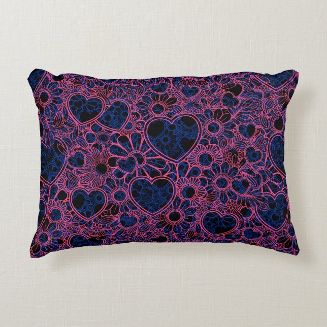 Overlapping Hearts Pattern, Pink on Blue Black BG Decorative Cushion (Front)