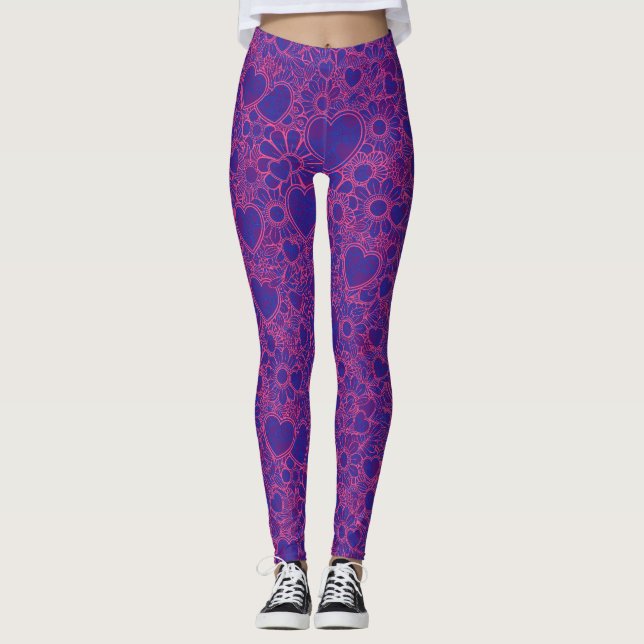 Overlapping Hearts Pattern, Pink on Blue D PurpeBG Leggings (Front)