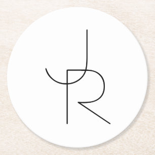 Overlapping Initials Black On White Round Paper Coaster