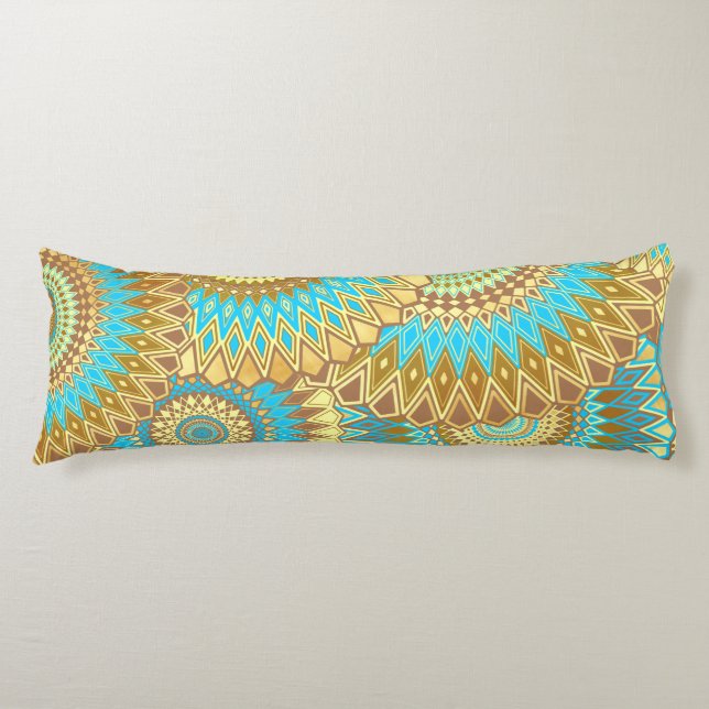 Overlapping Mandala Blue Brown Gold Body Cushion (Front)