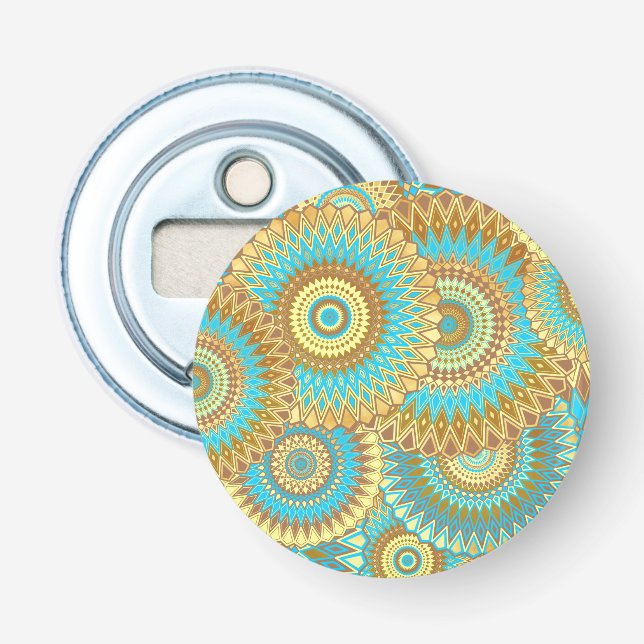 Overlapping Mandala Blue Brown Gold Bottle Opener (Front)