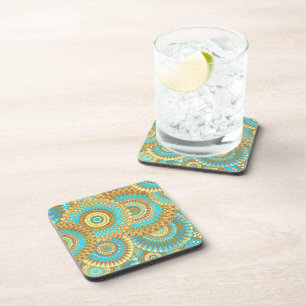 Overlapping Mandala Blue Brown Gold Coaster