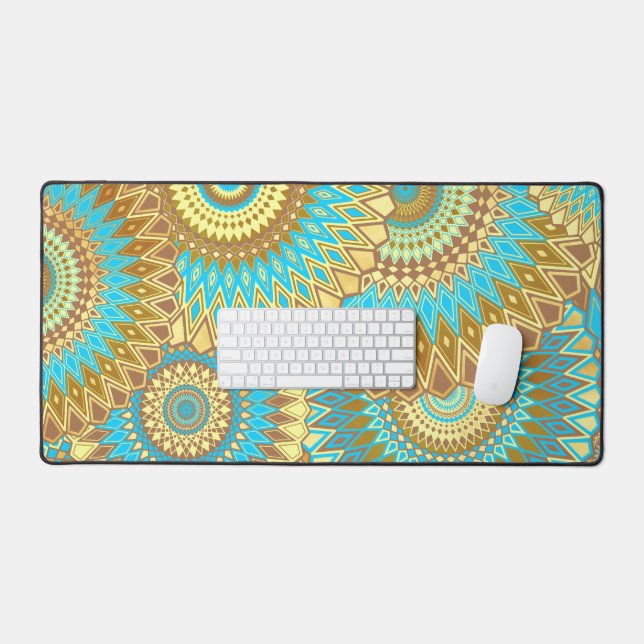 Overlapping Mandala Blue Brown Gold Desk Mat (Keyboard & Mouse)