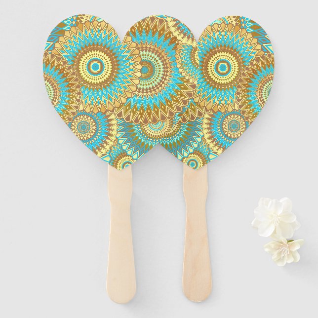 Overlapping Mandala Blue Brown Gold Hand Fan (Front and Back)