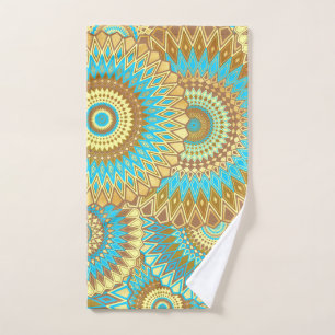 Overlapping Mandala Blue Brown Gold Hand Towel