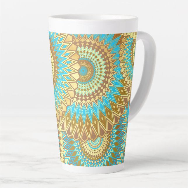 Overlapping Mandala Blue Brown Gold Latte Mug (Right Angle)