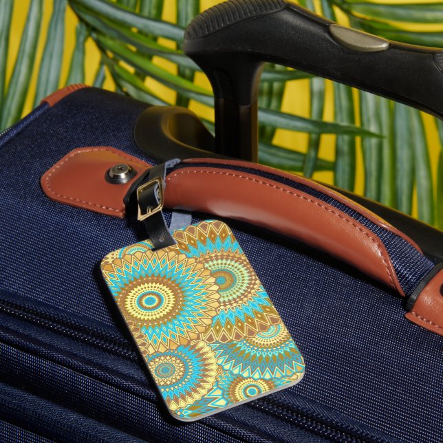 Overlapping Mandala Blue Brown Gold Luggage Tag (Front Insitu 1)