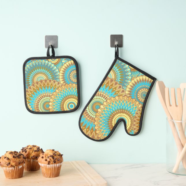 Overlapping Mandala Blue Brown Gold Oven Mitt & Pot Holder Set (Insitu(Hanging))