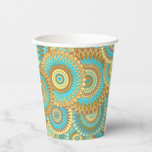 Overlapping Mandala Blue Brown Gold Paper Cups