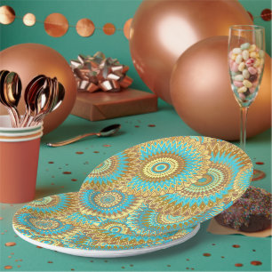 Overlapping Mandala Blue Brown Gold Paper Plate