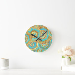 Overlapping Mandala Blue Brown Gold Round Clock