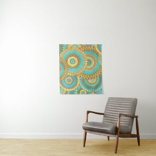 Overlapping Mandala Blue Brown Gold Tapestry