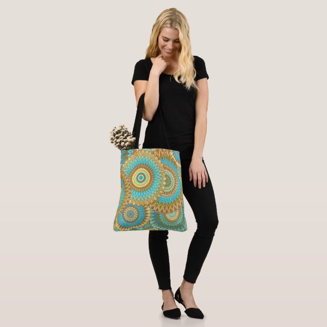Overlapping Mandala Blue Brown Gold Tote Bag (On Model)