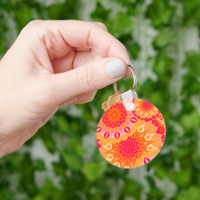 Overlapping Mandala Orange Pink Yellow Key Ring (Hand)