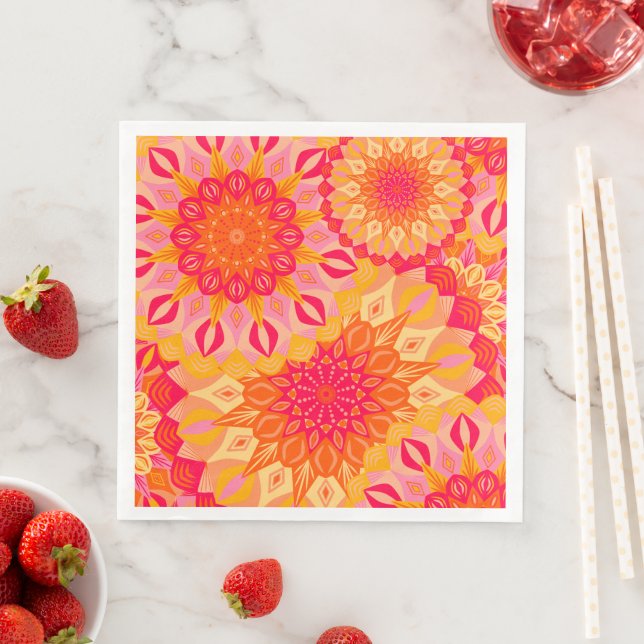 Overlapping Mandala Orange Pink Yellow Napkin (Insitu)