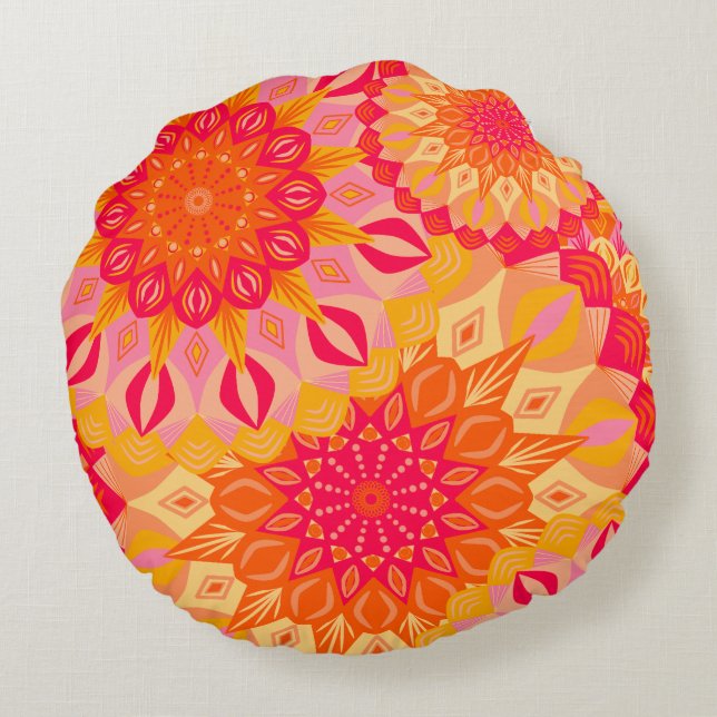 Overlapping Mandala Orange Pink Yellow Round Cushion (Back)