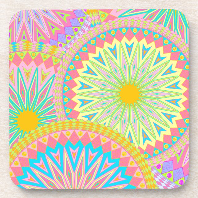 Overlapping Mandala Pink Blue Yellow Mint Purple Coaster (Front)