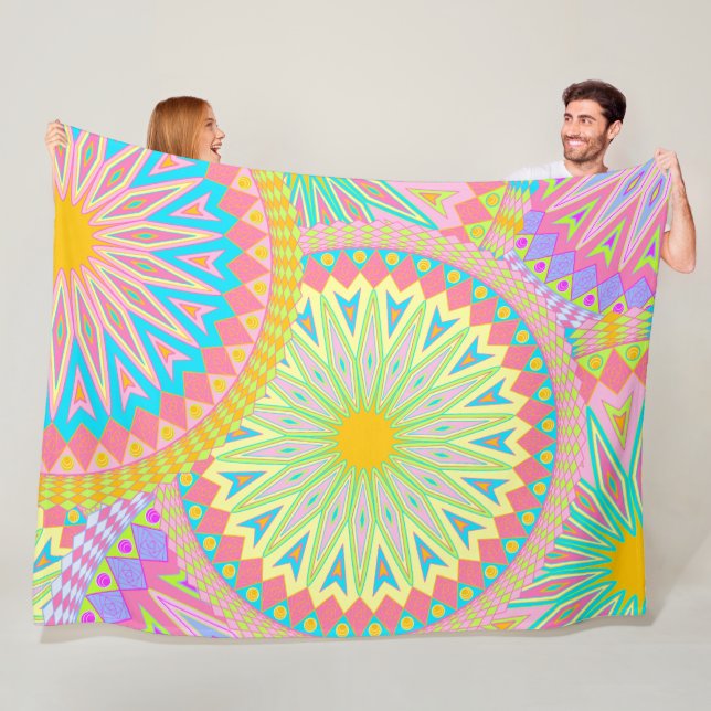 Overlapping Mandala Pink Blue Yellow Mint Purple Fleece Blanket (In Situ)