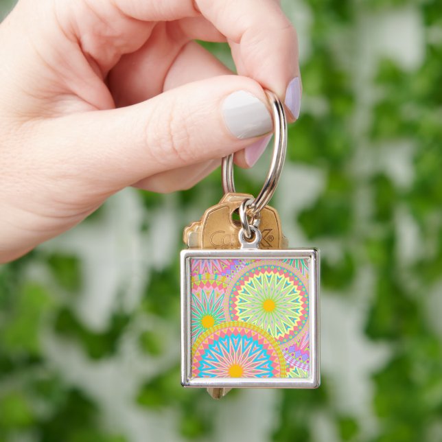 Overlapping Mandala Pink Blue Yellow Mint Purple Key Ring (Hand)