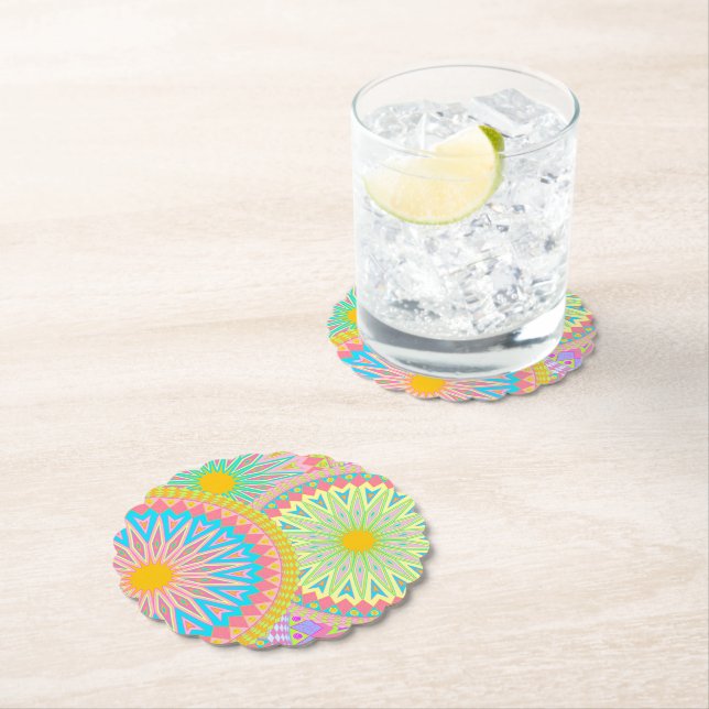 Overlapping Mandala Pink Blue Yellow Mint Purple Paper Coaster (Insitu)