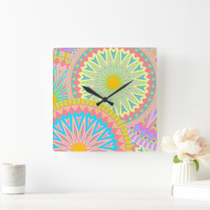 Overlapping Mandala Pink Blue Yellow Mint Purple Square Wall Clock