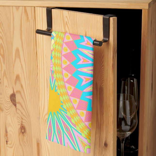 Overlapping Mandala Pink Blue Yellow Mint Purple Tea Towel (Thirds Fold)
