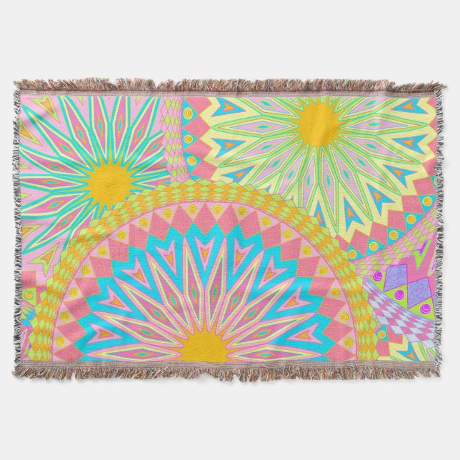 Overlapping Mandala Pink Blue Yellow Mint Purple Throw Blanket (Front)