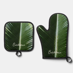 Overlapping Palm Fronds Tropical Green Abstract Oven Mitt & Pot Holder Set