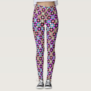 Overlapping Polka Dots in Pink and Green. Black BG Leggings