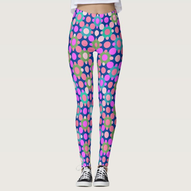 Overlapping Polka Dots in Pink and Green Blue BG Leggings (Front)