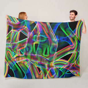 Overlapping tape-like curves, neon colourful relie fleece blanket