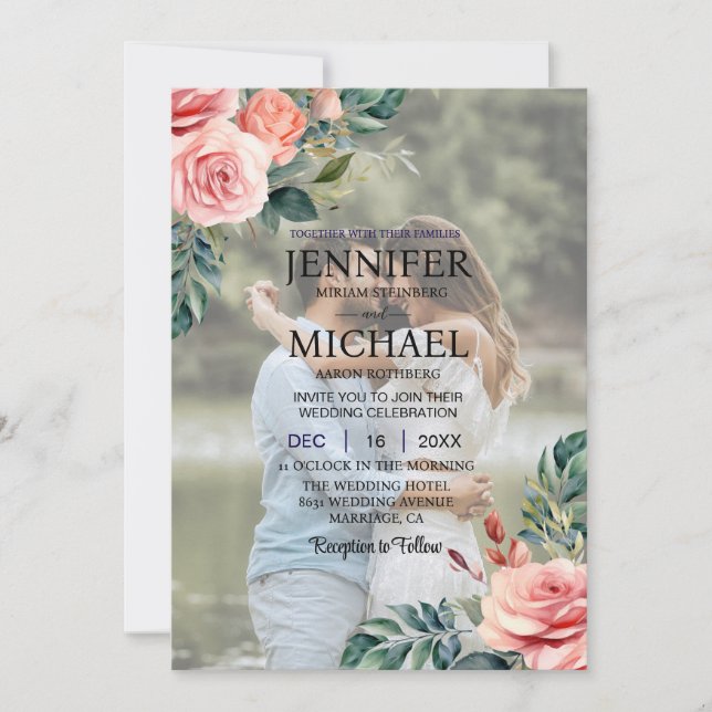 Overlay Portrait Picture Photo QR Roses Wedding Invitation (Front)
