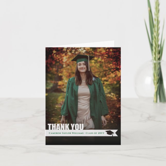 Overlay White Ribbon Graduation Cap Cutout Photo Thank You Card (Front)