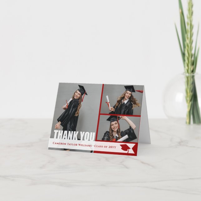 Overlay White Ribbon Graduation Cap Modern 3 Photo Thank You Card (Front)