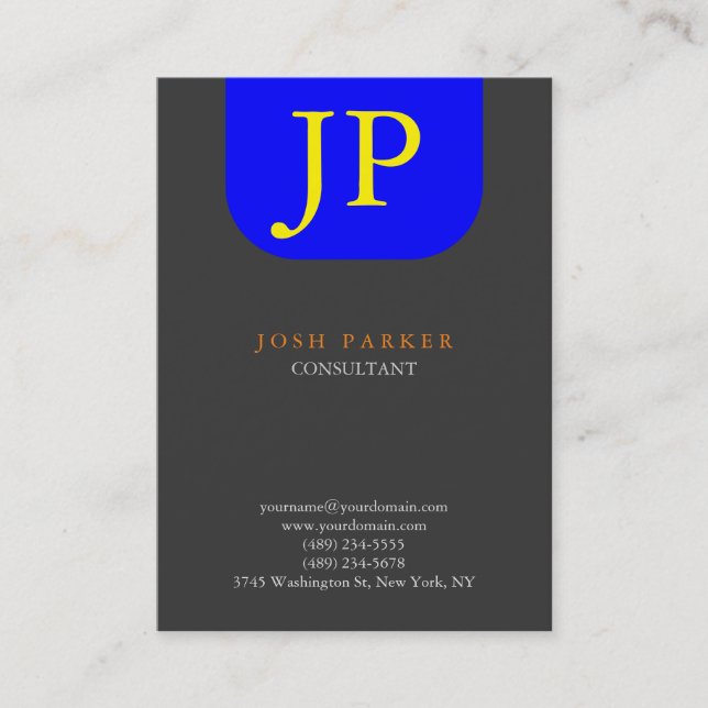 Oversized Minimalist Monogram Grey Blue Yellow Business Card (Front)