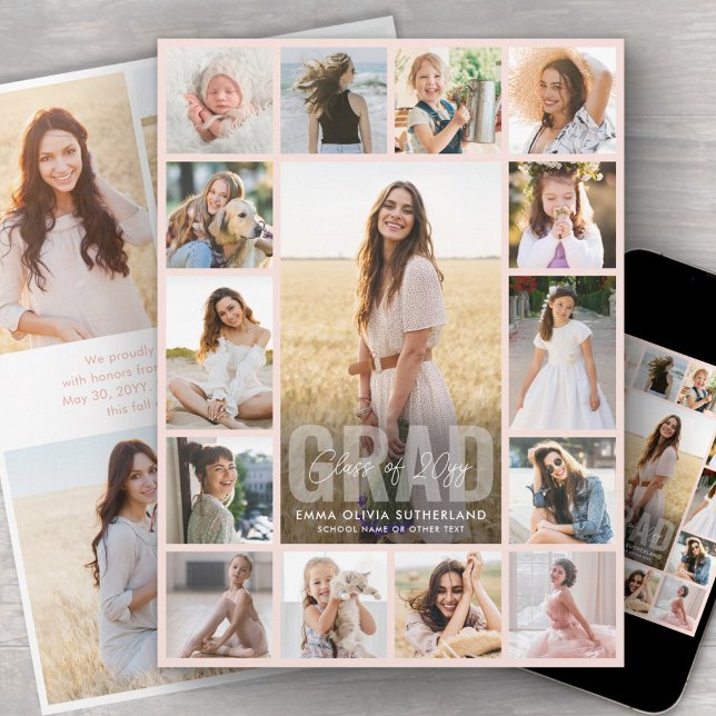 Oversized Photo Collage Blush Pink Graduation Announcement (Creator Uploaded)