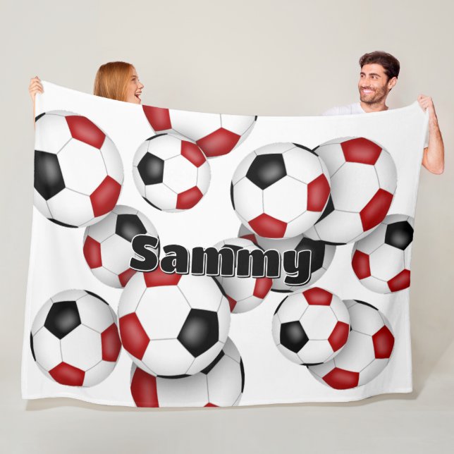 oversized red black soccer balls athletic decor fleece blanket (In Situ)