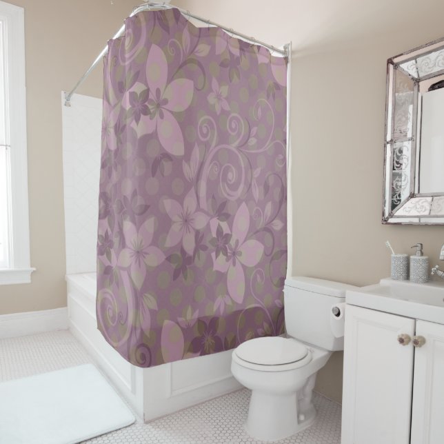 Oversized Violet Floral Retro Pattern Shower Curtain (In Situ)