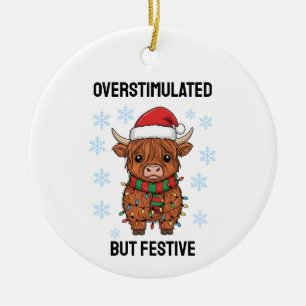 Overstimulated But Festive Cow Christmas Ceramic Tree Decoration