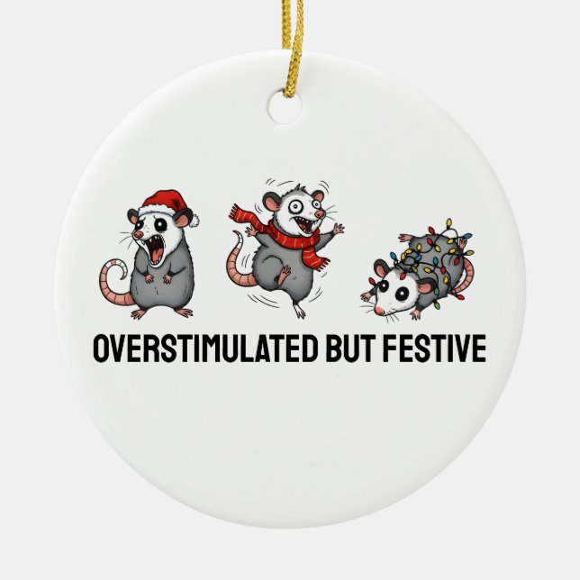 Overstimulated But Festive Possum Christmas  Ceramic Tree Decoration (Front)