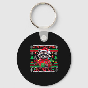 Overstimulated But Festive Raccoon Christmas Key Ring
