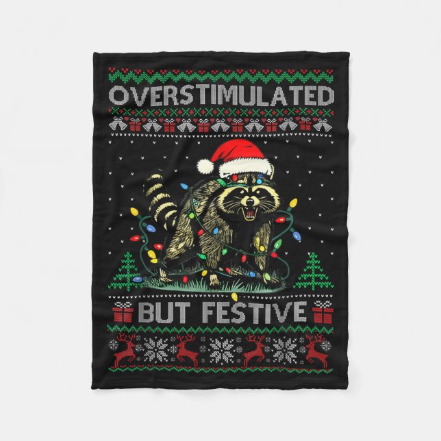 Overstimulated But Festive Raccoon Christmas Pajam Fleece Blanket (Front)