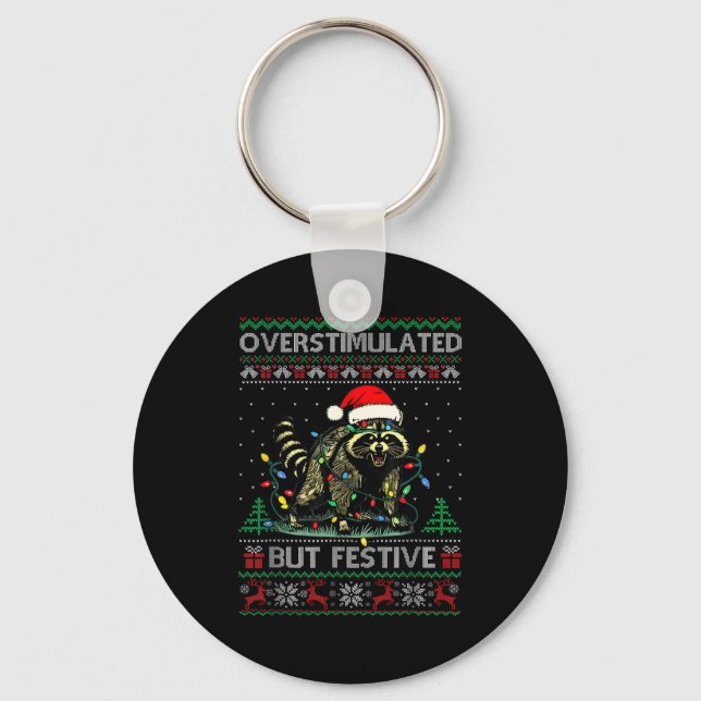 Overstimulated But Festive Raccoon Christmas Pajam Key Ring (Front)
