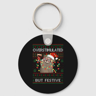 Overstimulated But Festive Raccoon Ugly Sweater Ch Key Ring