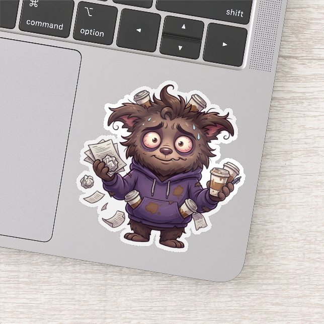 Overstimulated Chaos Bear Burnout Coffee Sticker (Detail)
