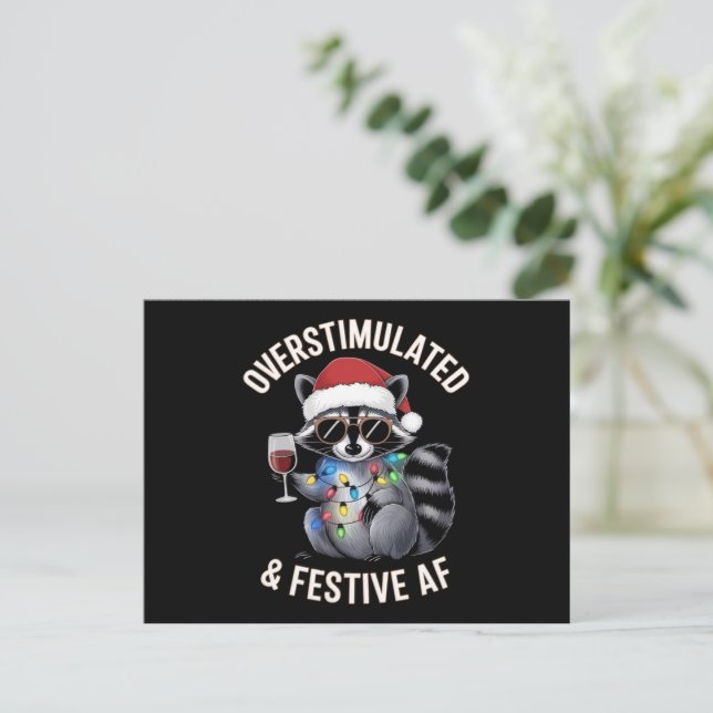 Overstimulated & Festive AF Racoon Espresso Lover Holiday Postcard (Standing Front)