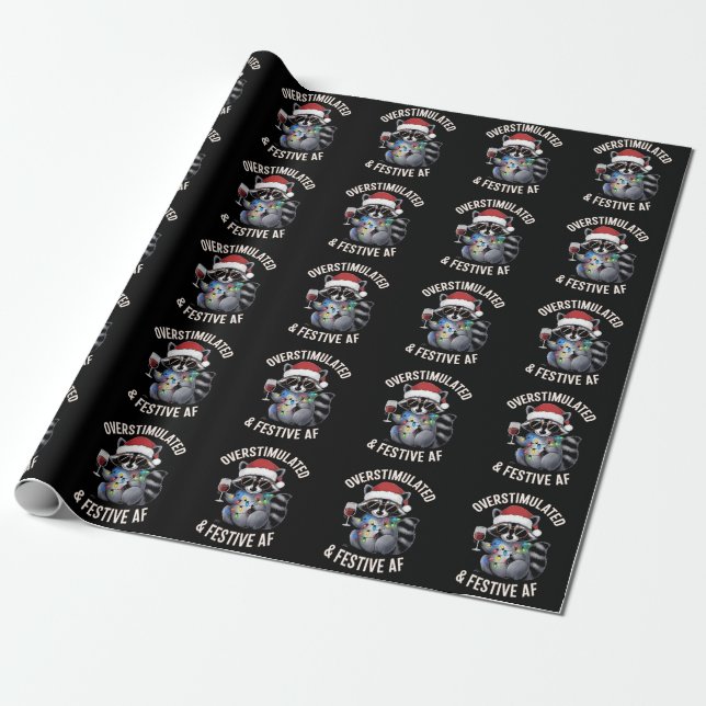 Overstimulated & Festive AF Racoon Espresso Lover Wrapping Paper (Unrolled)